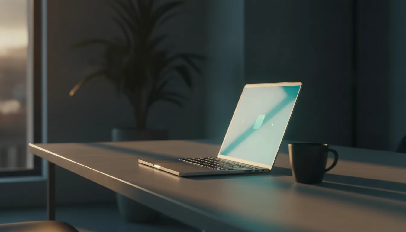 A sleek laptop open on a minimal desk in beautiful natural light