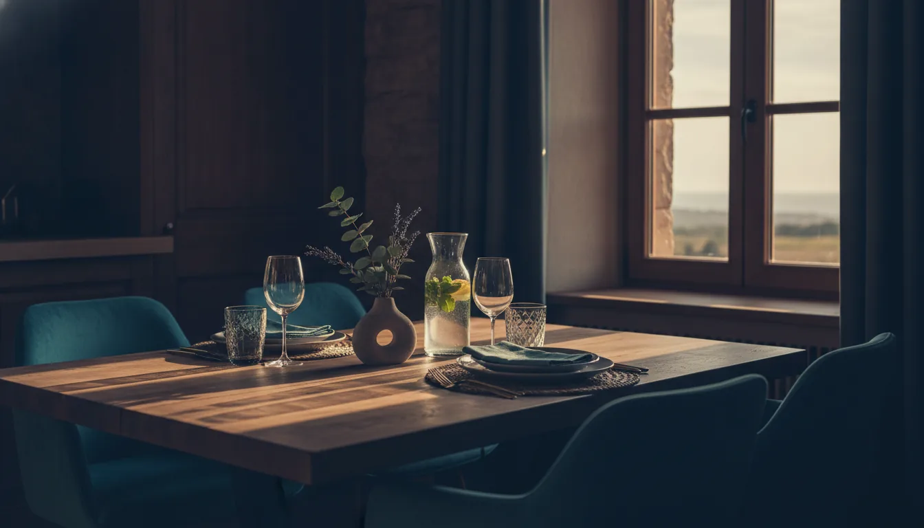 A sunlit vacation-rental dining nook set for guests
