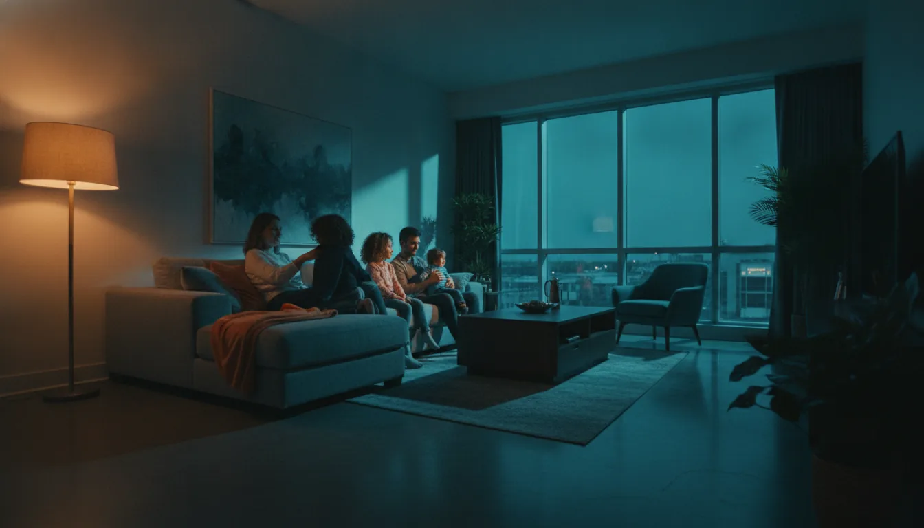 A family settling into a bright vacation-rental living room