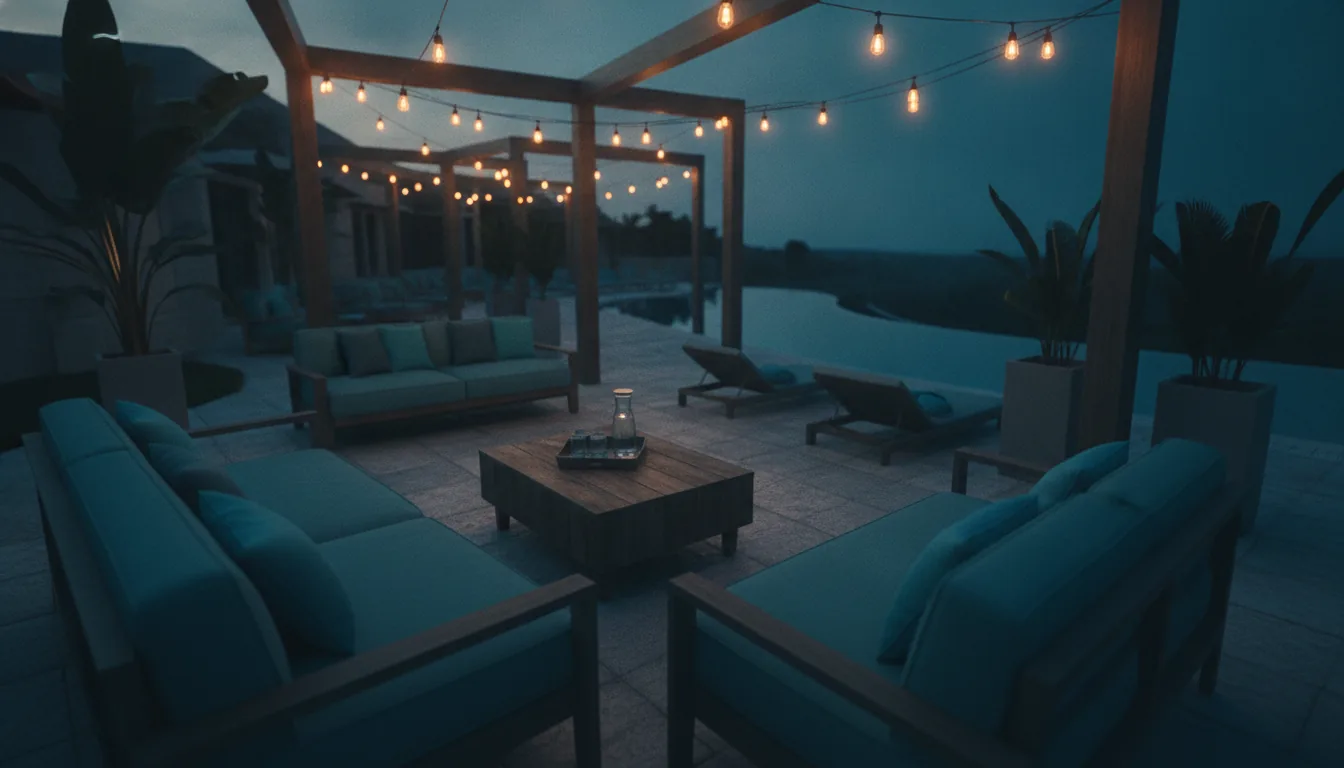 A vacation-rental patio with string lights and lounge chairs in the evening
