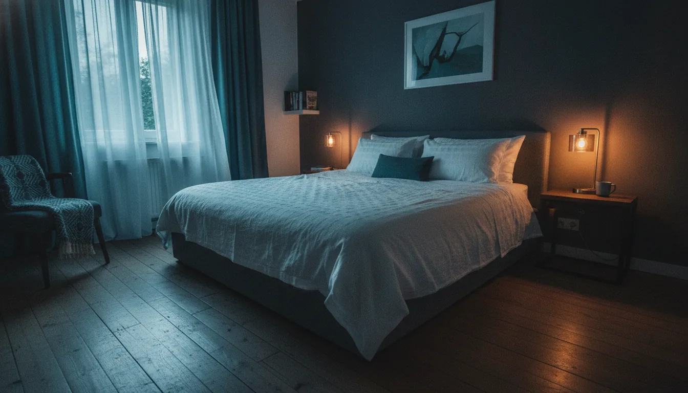 A cozy vacation-rental bedroom with crisp white linens and gentle light