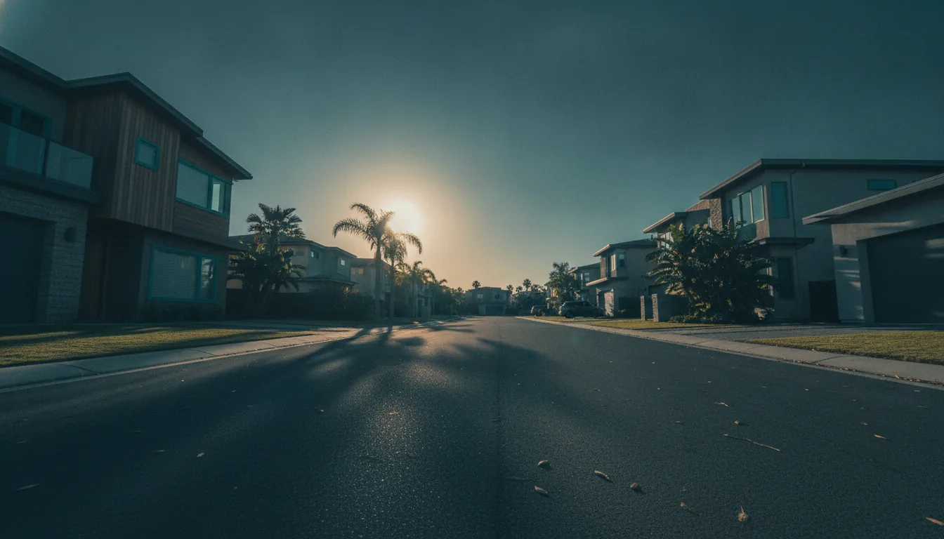 A quiet residential street of attractive vacation homes in warm daylight