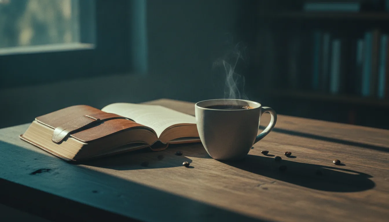 A close-up of fresh coffee and a leather notebook on a sunlit wooden table