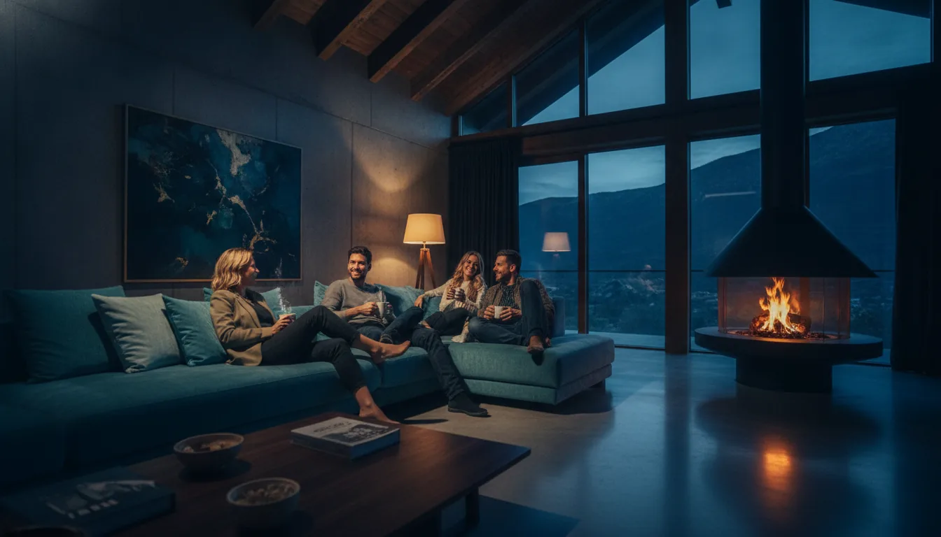 Guests relaxing happily on a sofa in a comfortable vacation rental