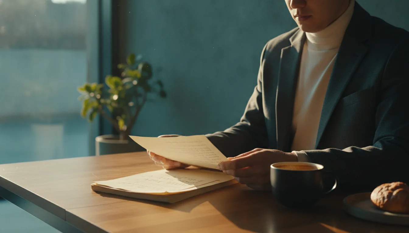 A host reviewing a few printed notes at a sunlit table with a coffee