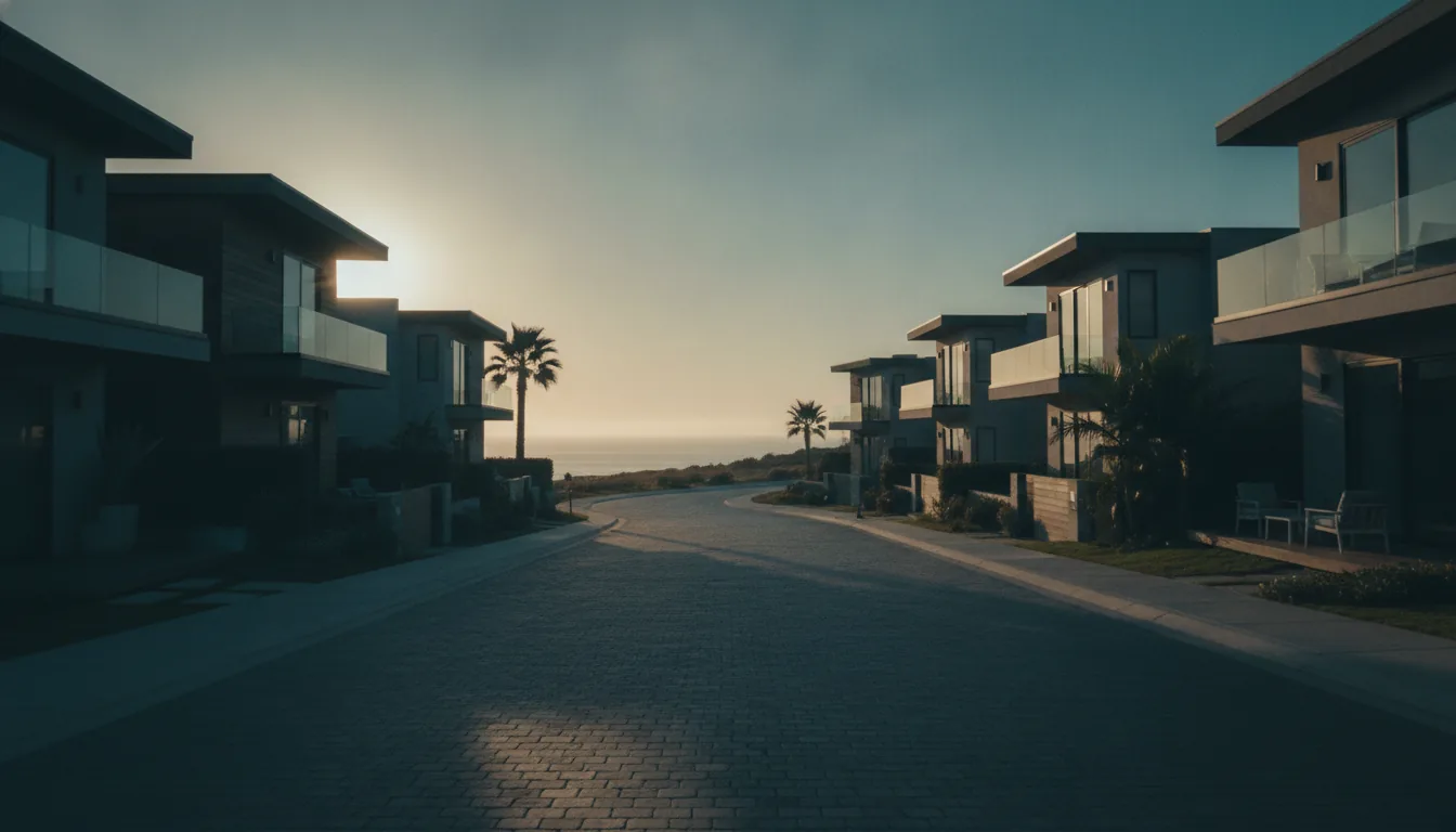 A quiet residential street of attractive vacation homes in warm daylight
