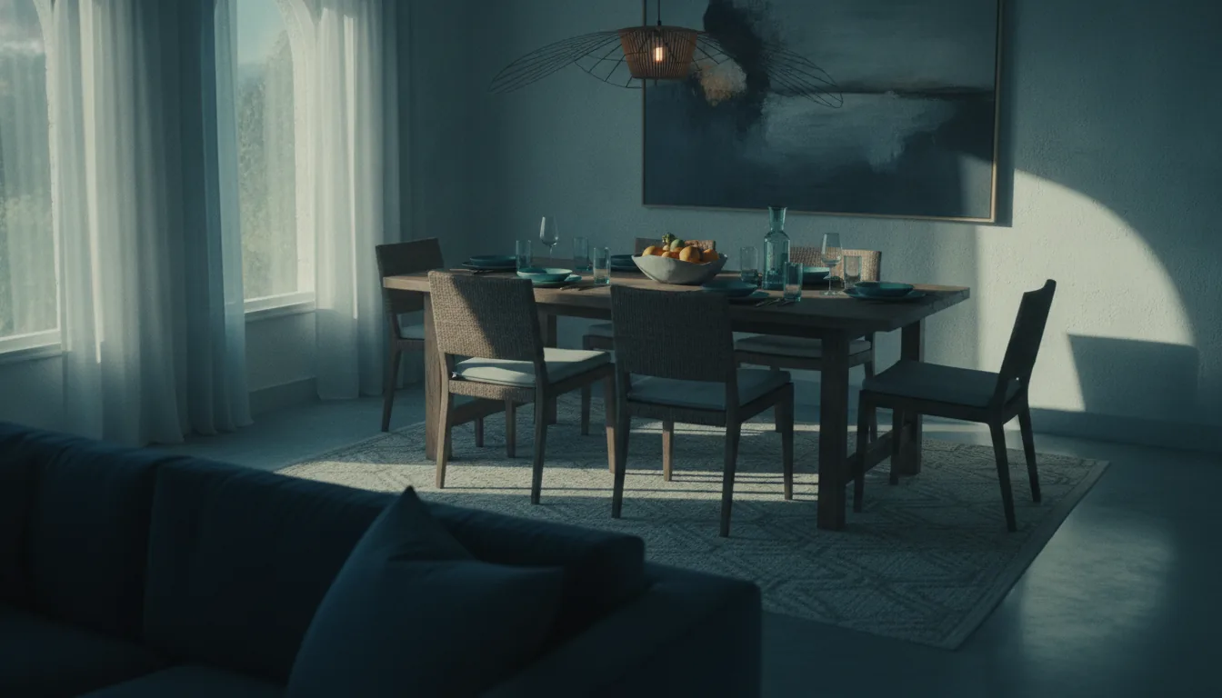 A sunlit vacation-rental dining nook set for guests