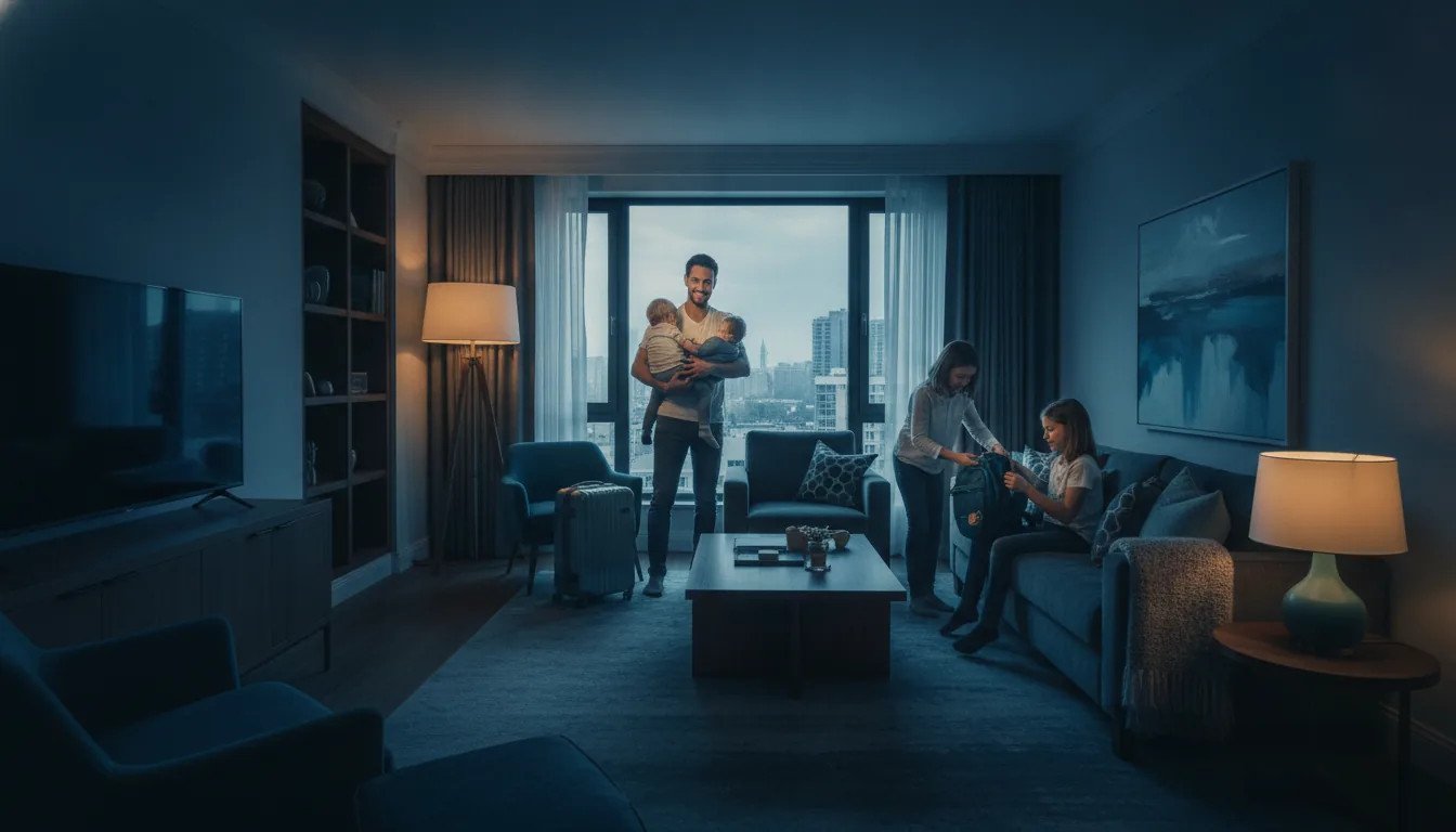 A family settling into a bright vacation-rental living room