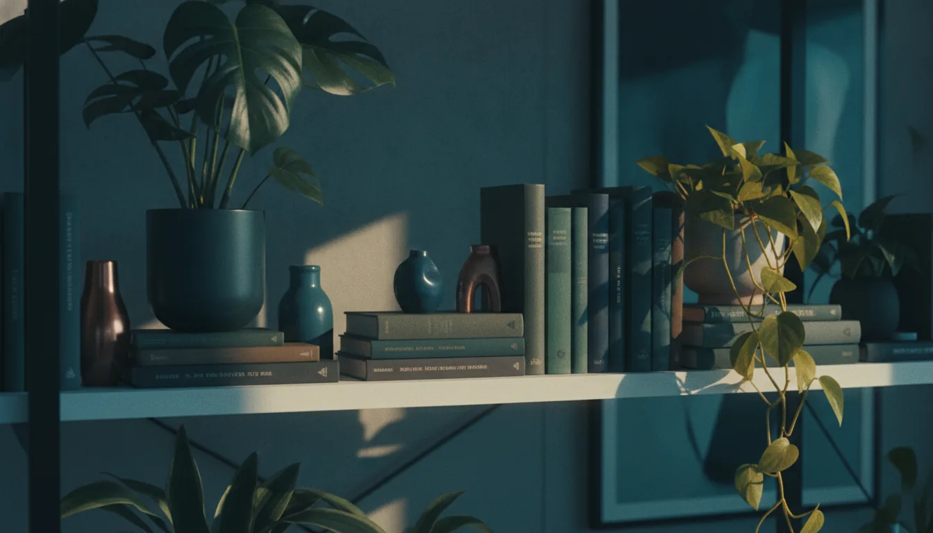 A tasteful detail of a styled rental shelf with plants and books in soft light