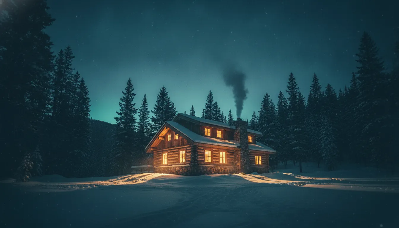 A warm timber mountain cabin glowing at dusk among snow-dusted pines