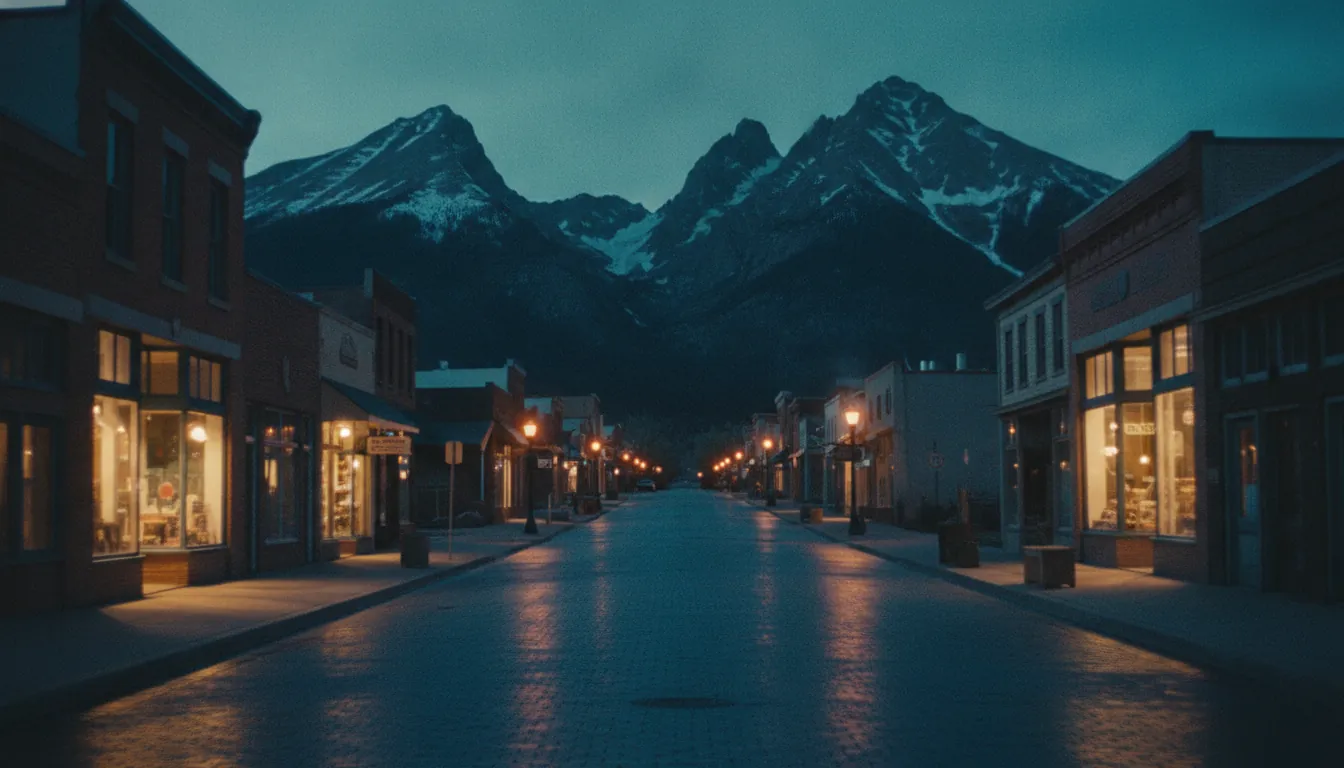 A small mountain-town main street lit warm at blue hour
