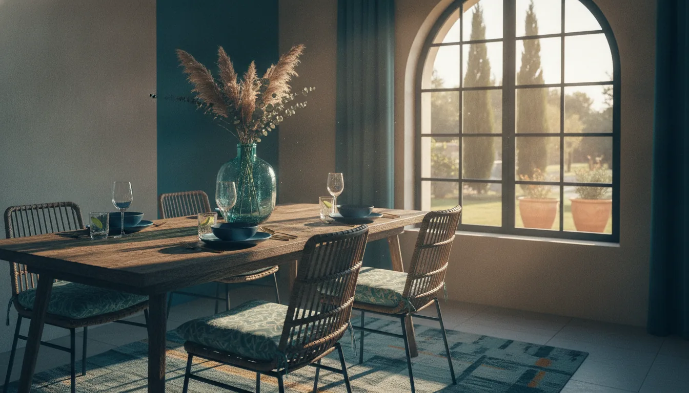 A sunlit vacation-rental dining nook set for guests