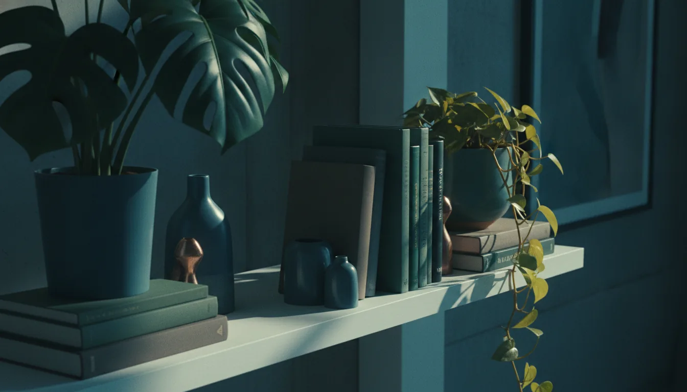 A tasteful detail of a styled rental shelf with plants and books in soft light