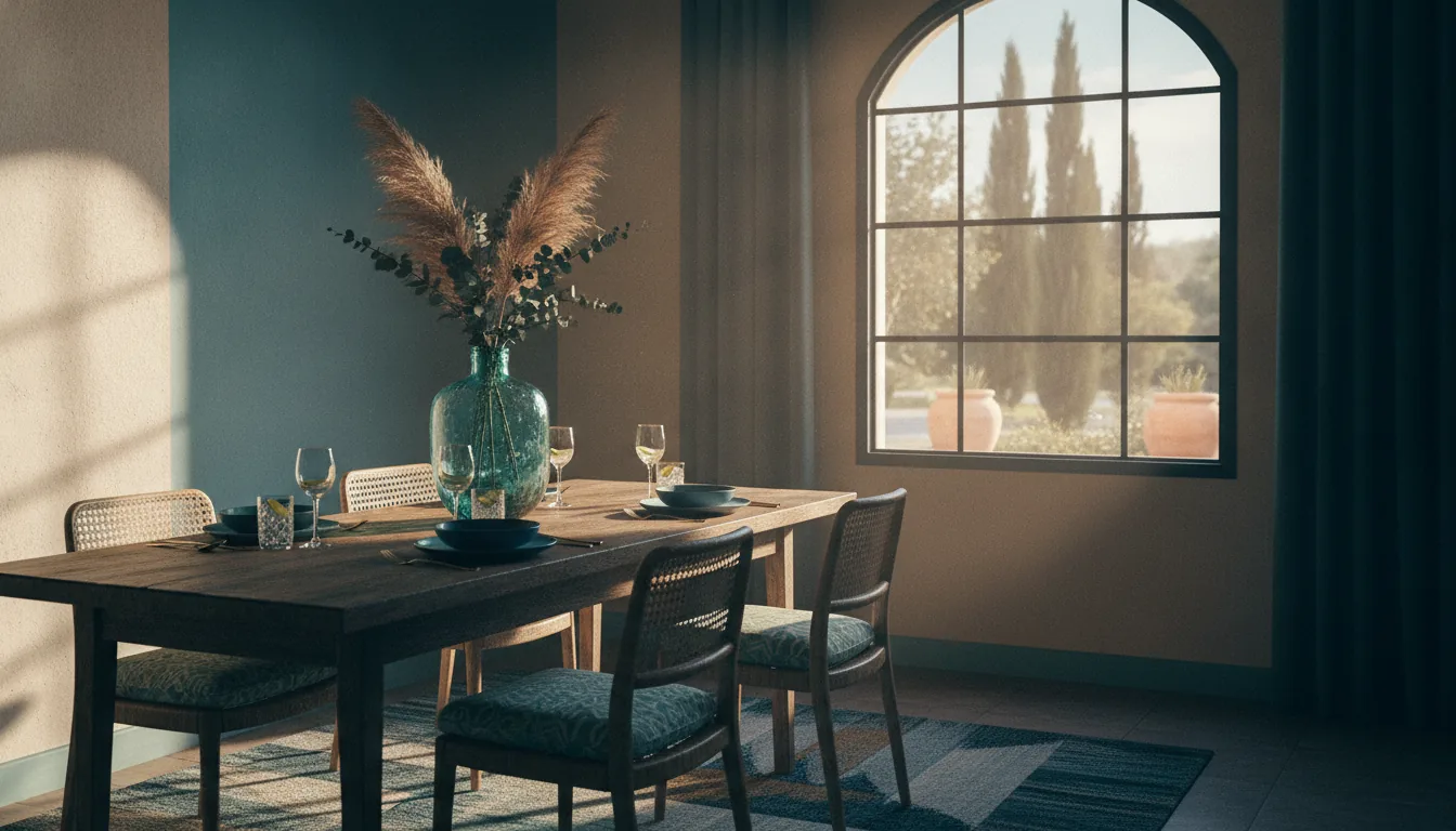 A sunlit vacation-rental dining nook set for guests
