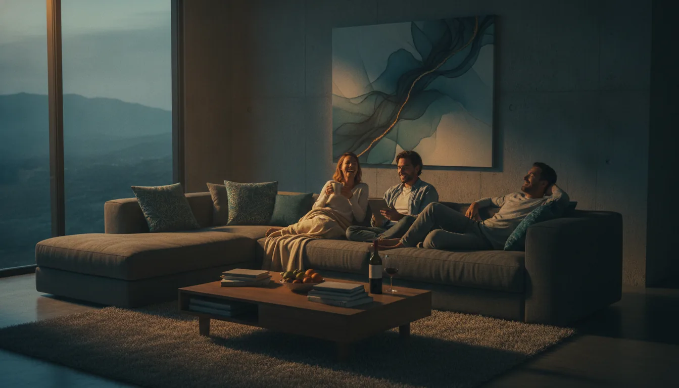 Guests relaxing happily on a sofa in a comfortable vacation rental