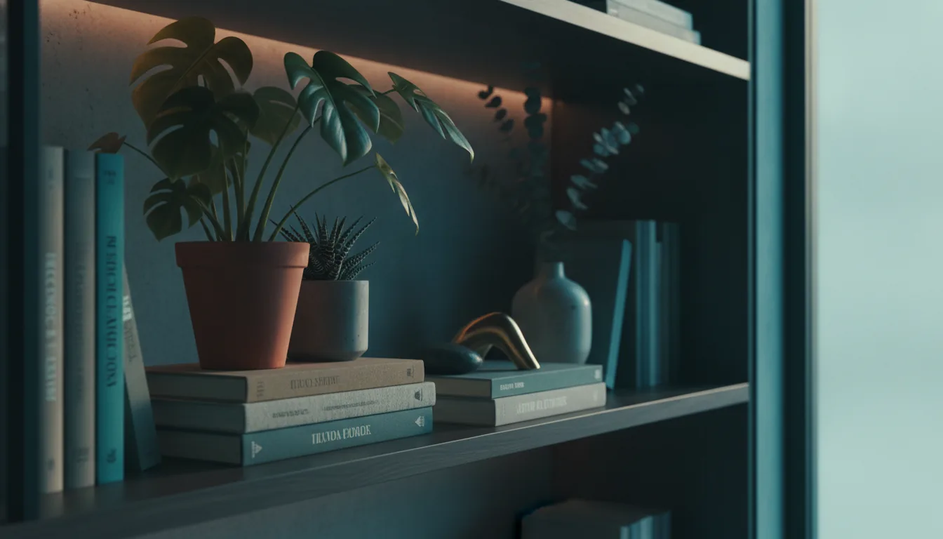 A tasteful detail of a styled rental shelf with plants and books in soft light