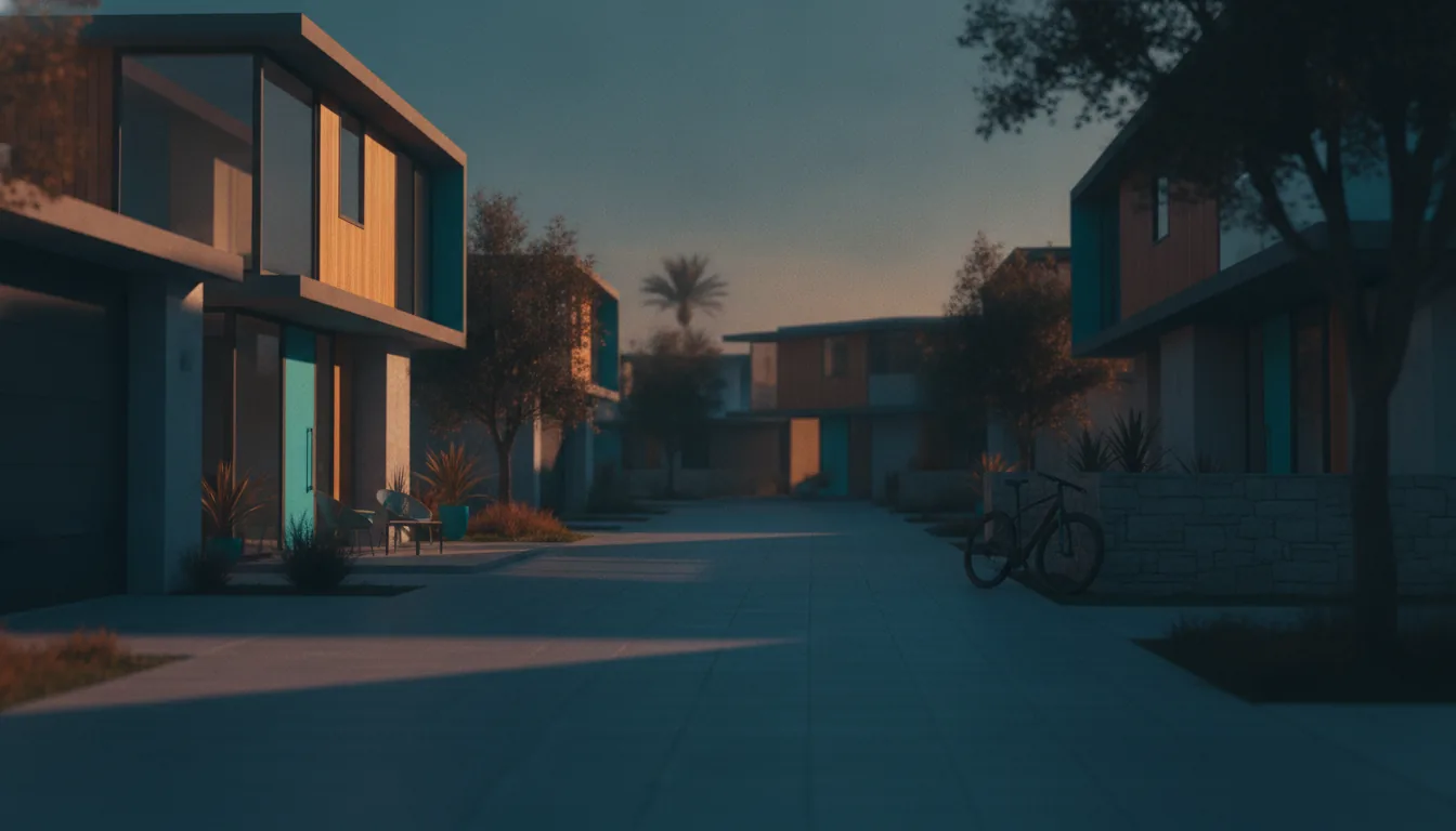 A quiet residential street of attractive vacation homes in warm daylight