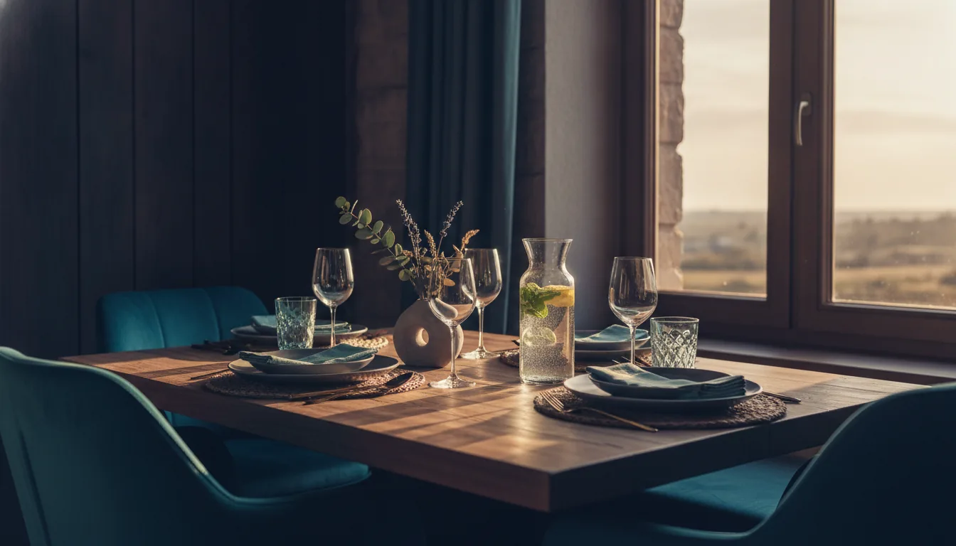 A sunlit vacation-rental dining nook set for guests