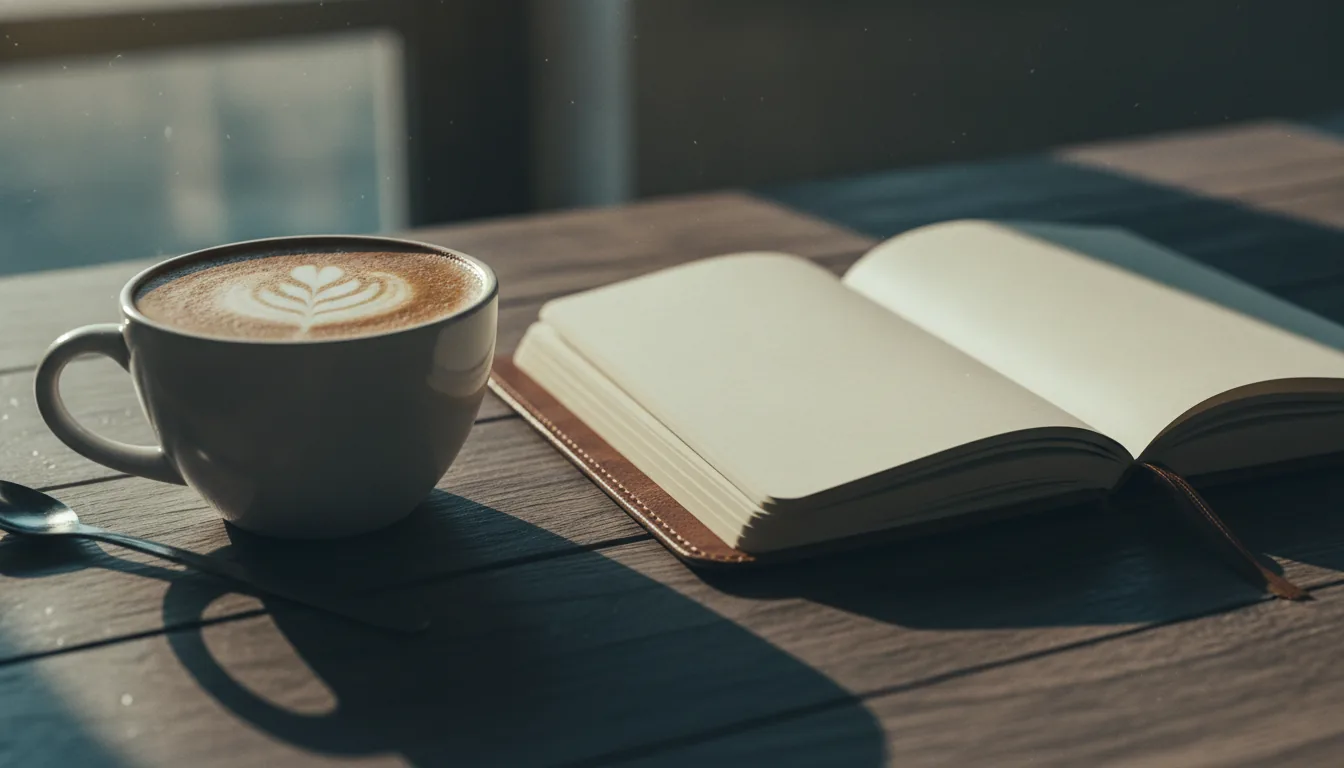 A close-up of fresh coffee and a leather notebook on a sunlit wooden table