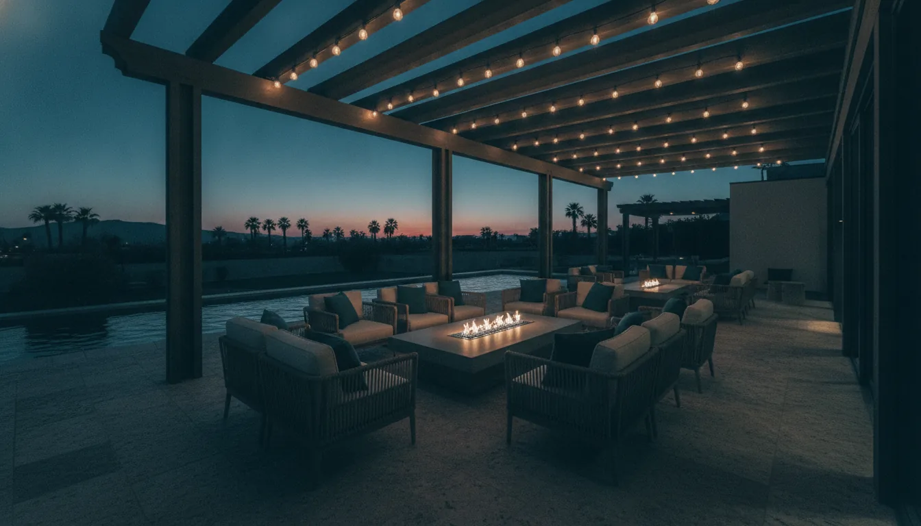 A vacation-rental patio with string lights and lounge chairs in the evening