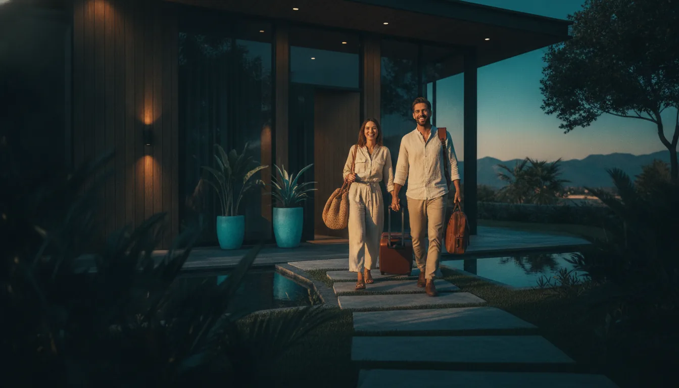 A couple arriving at a vacation rental with luggage