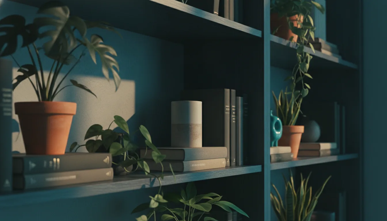 A tasteful detail of a styled rental shelf with plants and books in soft light