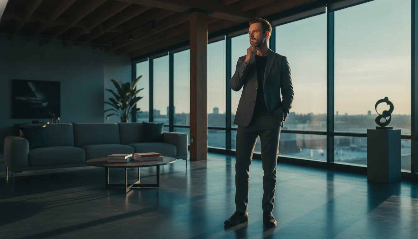 A confident host standing thoughtfully in a bright modern rental