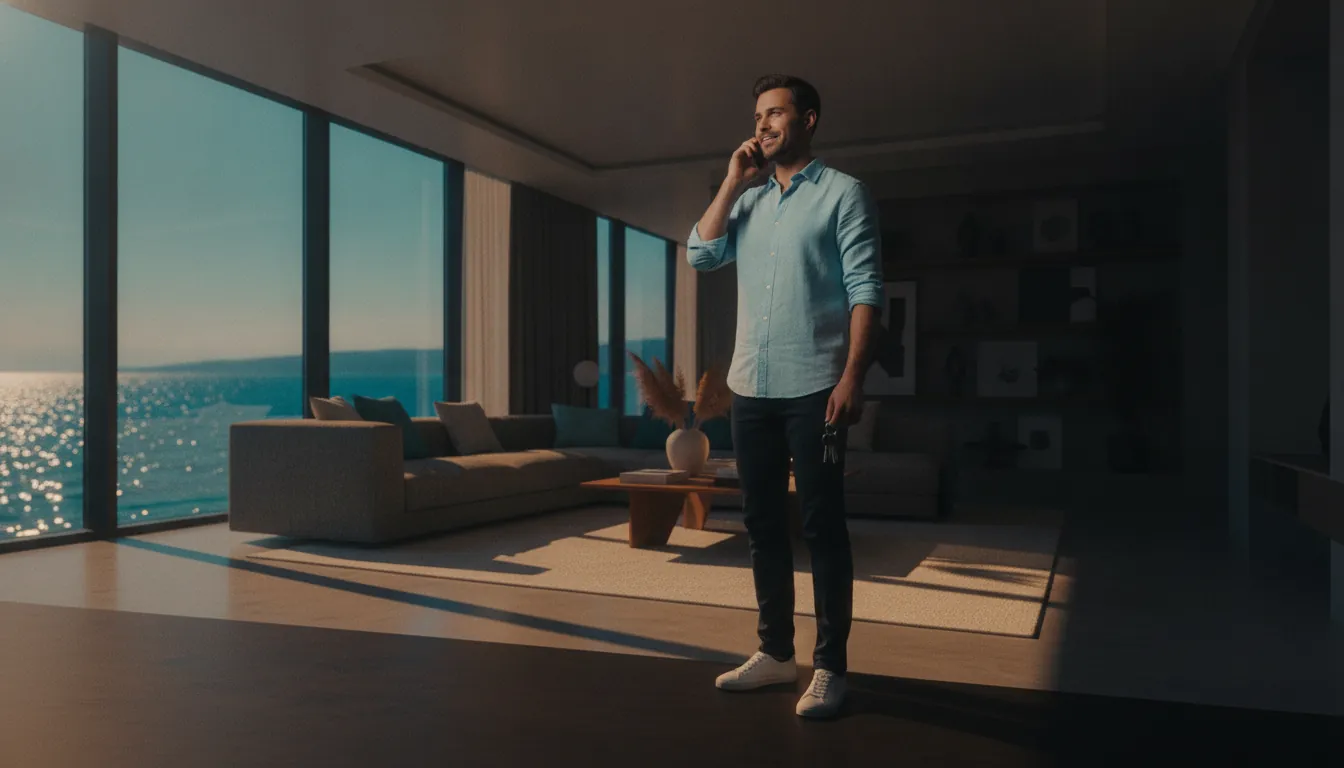 A property manager on the phone on the porch of a coastal vacation home