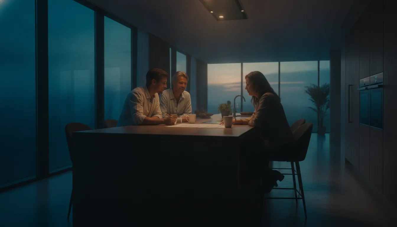 An owner and a property manager reviewing a paper calendar together at a sunlit kitchen table