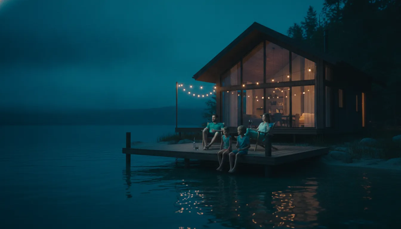 A family enjoying a summer evening on the dock of their own lake house