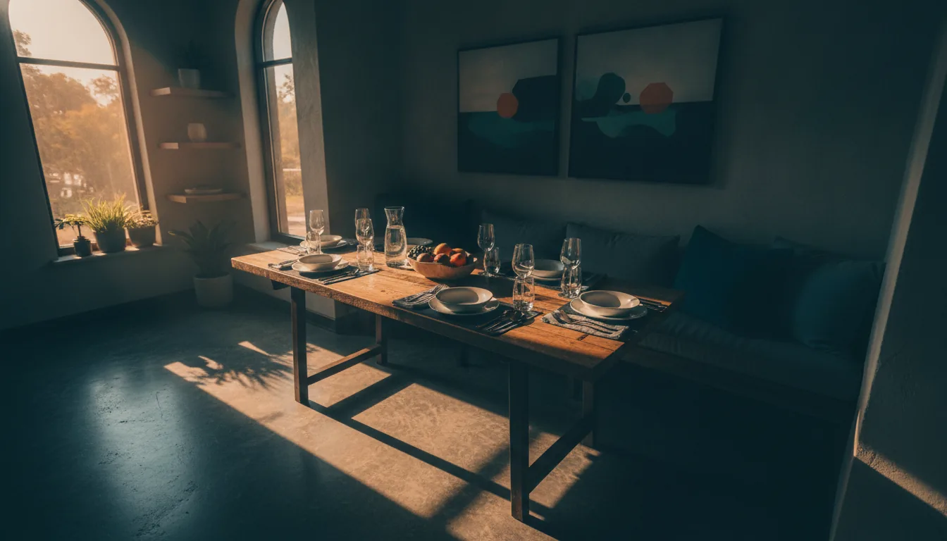 A sunlit vacation-rental dining nook set for guests