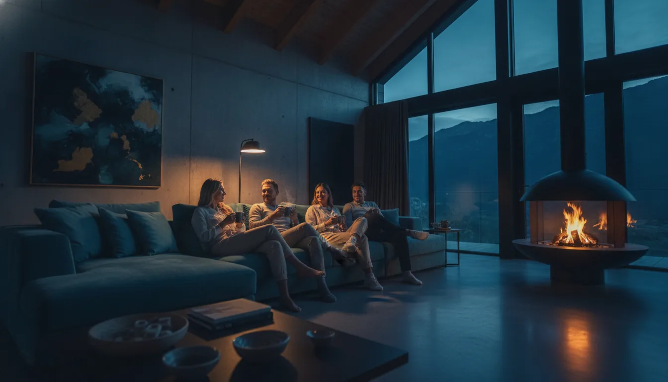 Guests relaxing happily on a sofa in a comfortable vacation rental