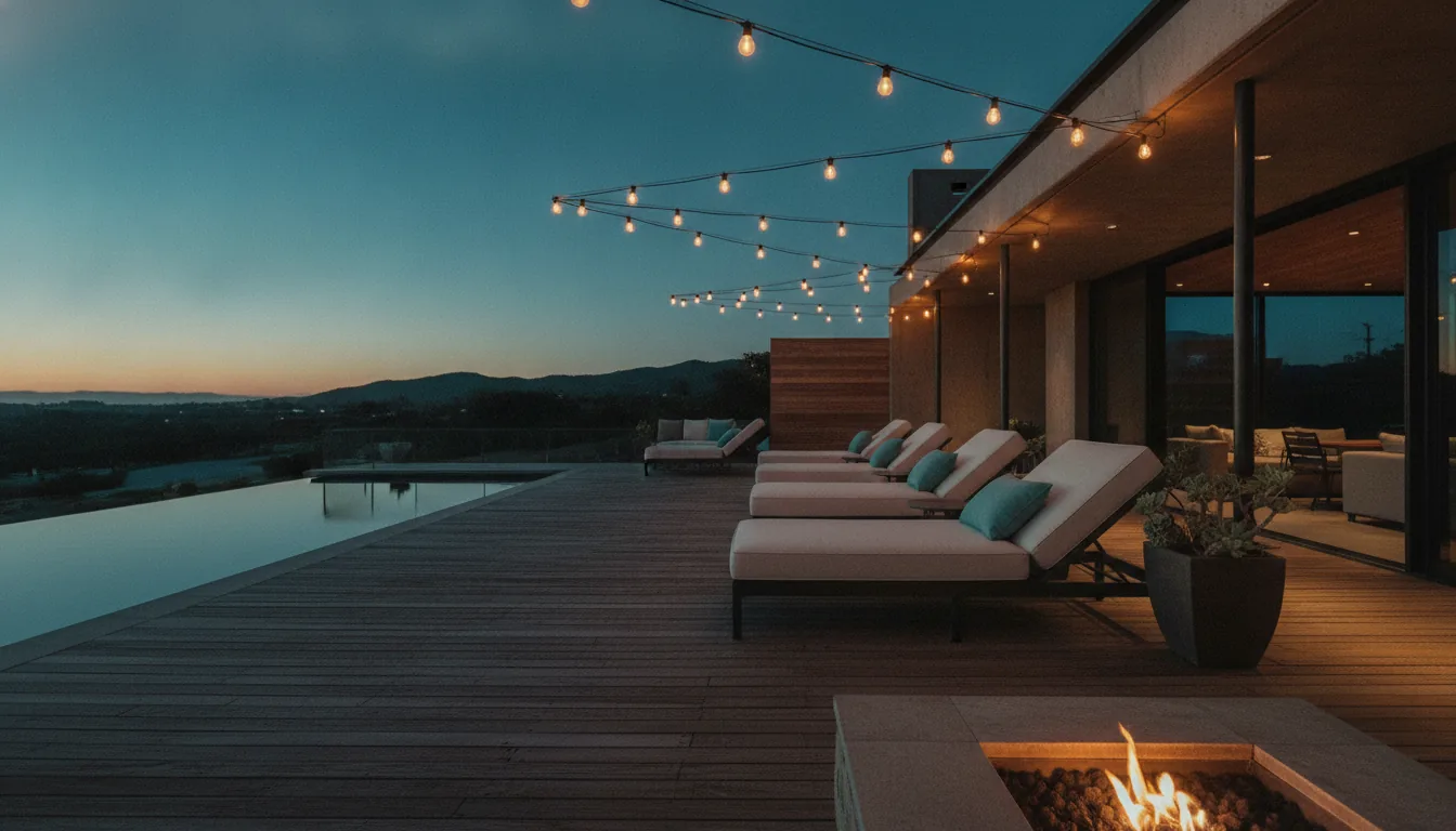 A vacation-rental patio with string lights and lounge chairs in the evening