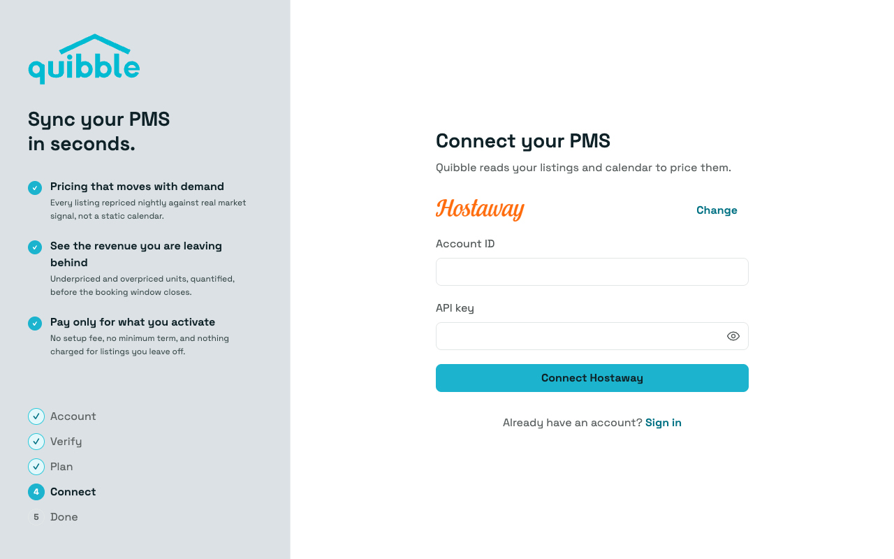 Entering Hostaway credentials in Quibble