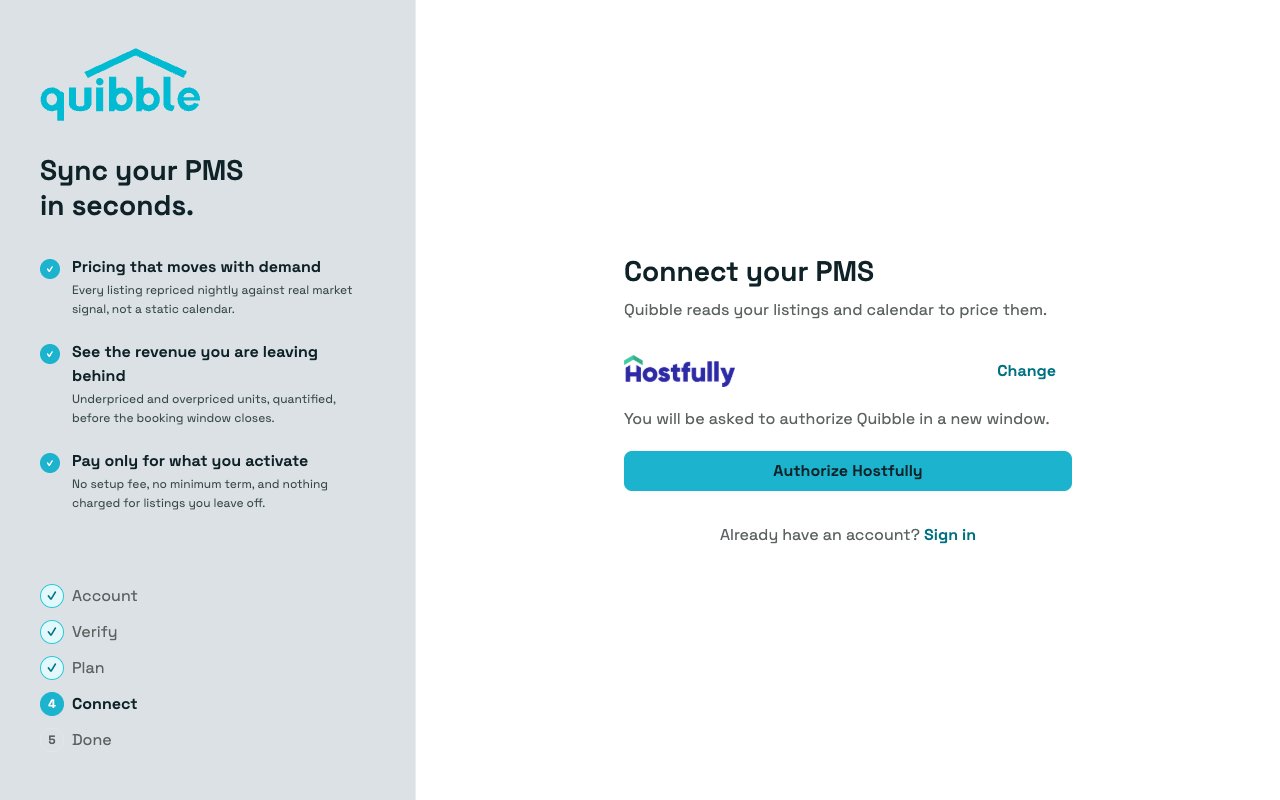 Authorize Hostfully button in Quibble