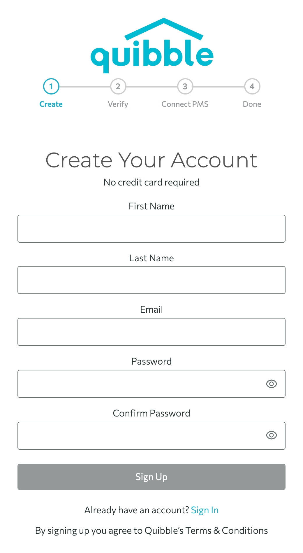 Quibble account creation screen