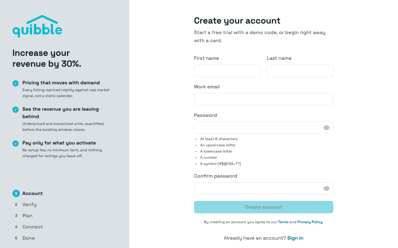 Quibble account creation screen