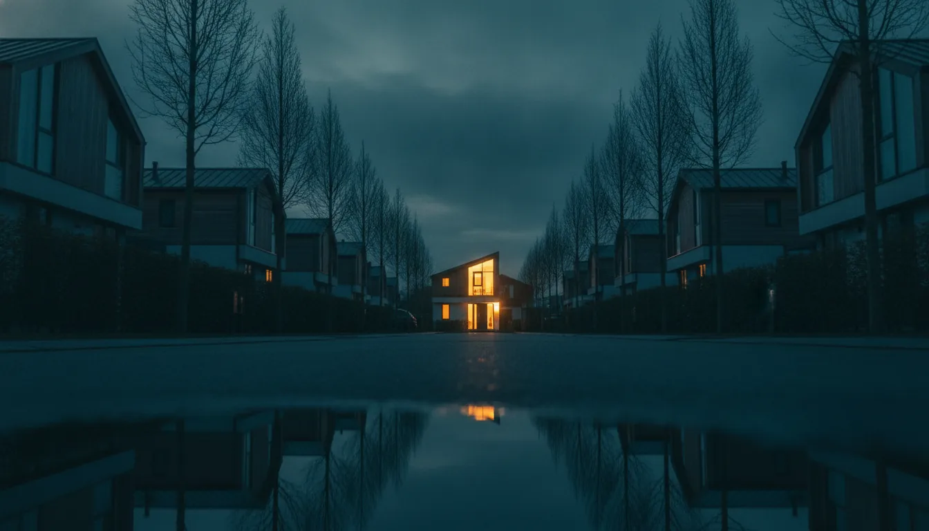 A street of comparable vacation rentals at dusk, one lit up