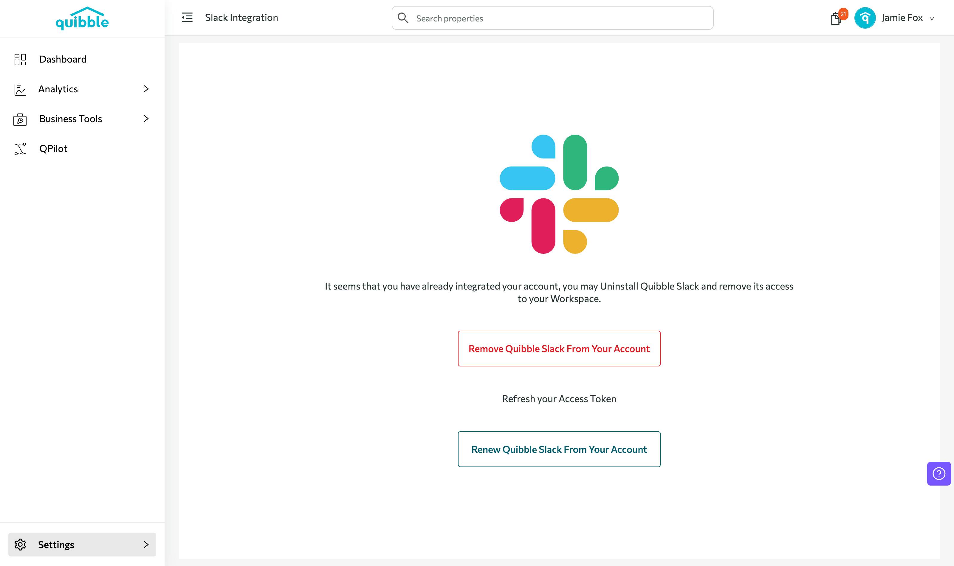 Connecting Quibble to Slack — step 2