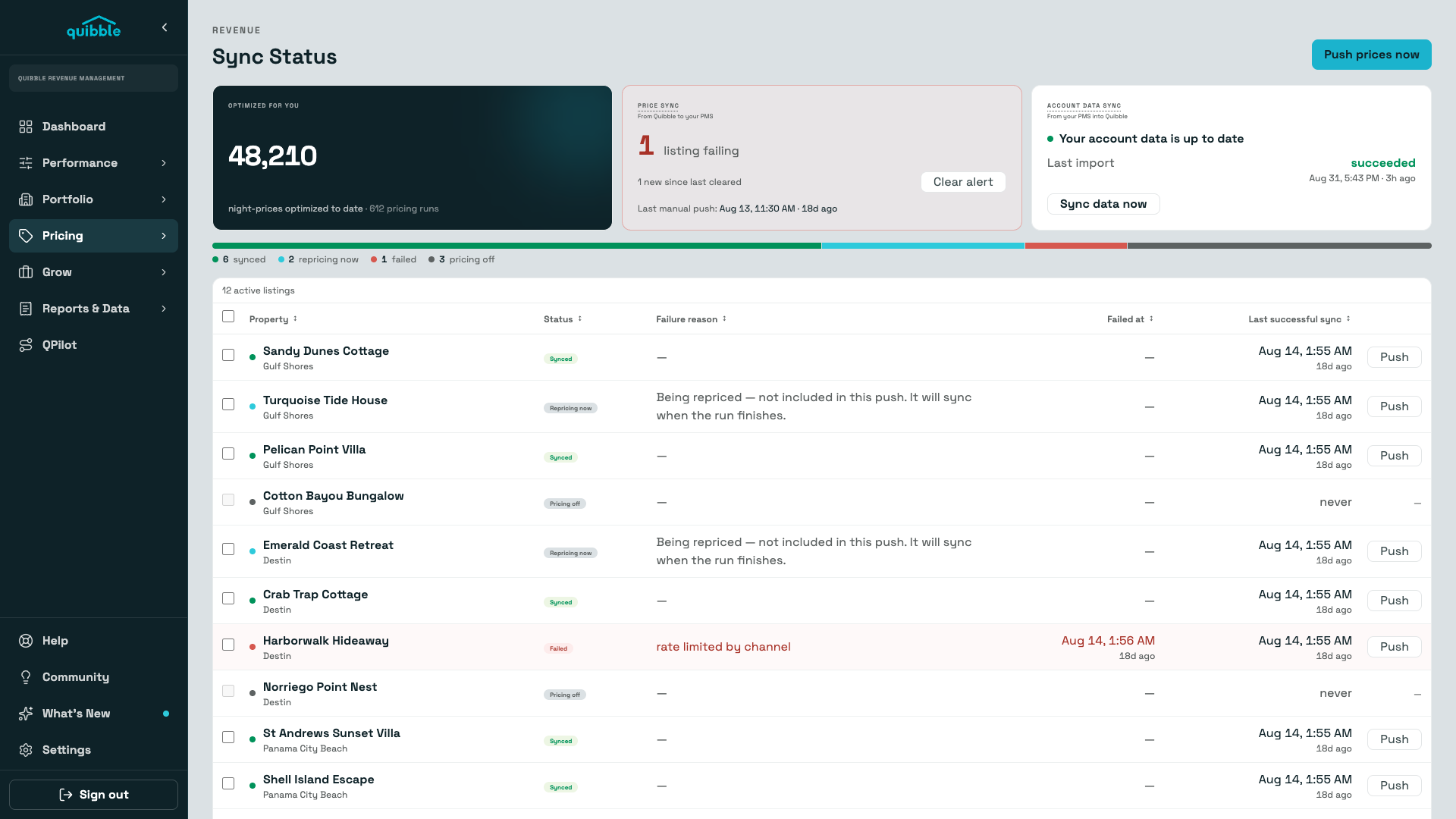 Listings management with per-unit sync status